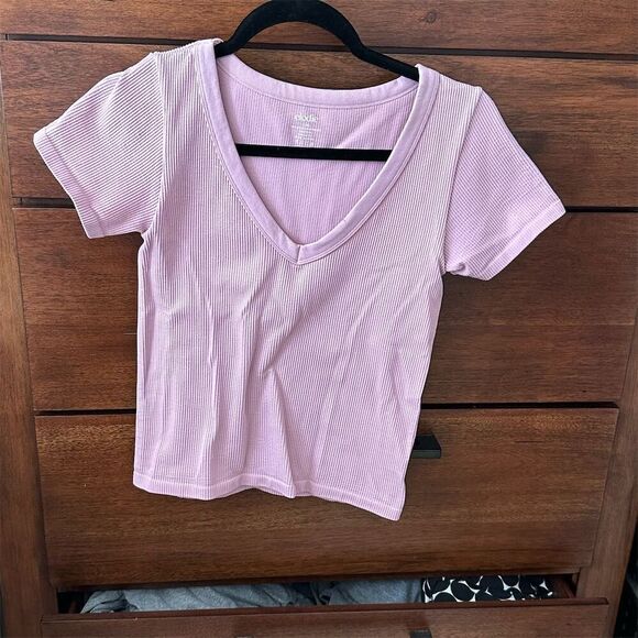 Elodie Women's V-Neck Ribbed T-Shirt Pink Size L Short Sleeve - Picture 1 of 5